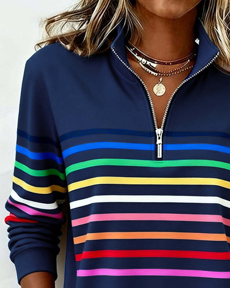 Lunna™ | Trendy Rainbow Stripe Half Zip Neck Sweatshirt