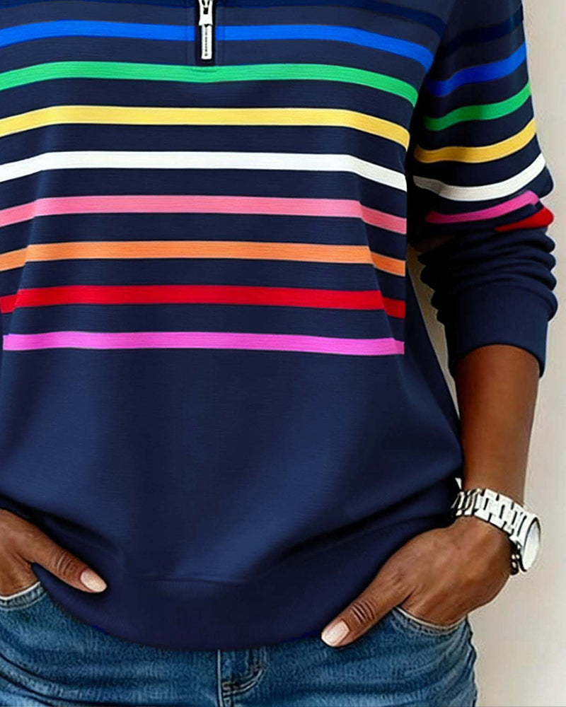 Lunna™ | Trendy Rainbow Stripe Half Zip Neck Sweatshirt