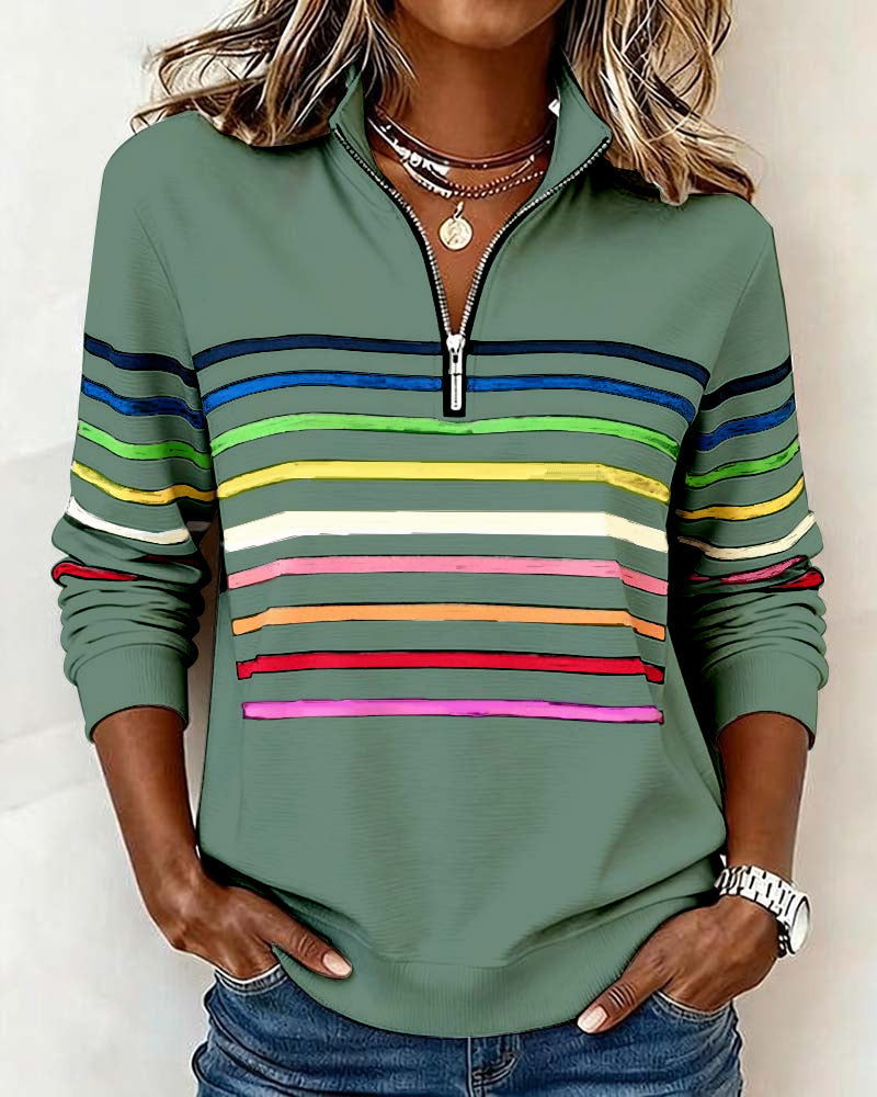 Lunna™ | Trendy Rainbow Stripe Half Zip Neck Sweatshirt