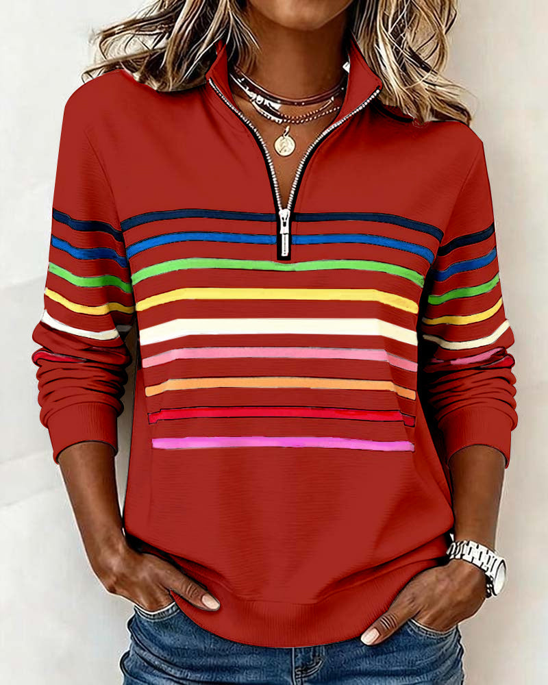 Lunna™ | Trendy Rainbow Stripe Half Zip Neck Sweatshirt
