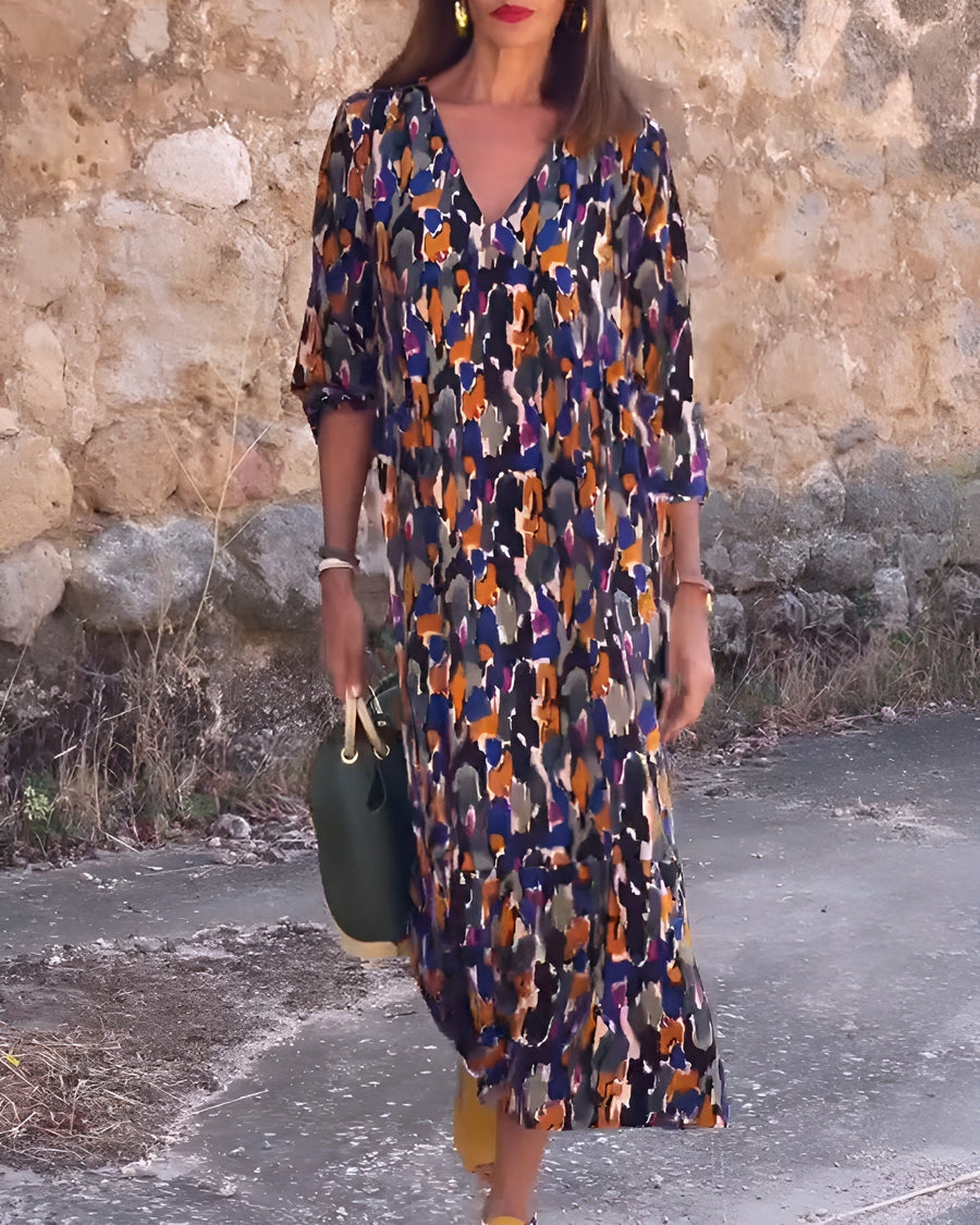 Nathalie | Robe à col en V imprimé rétro