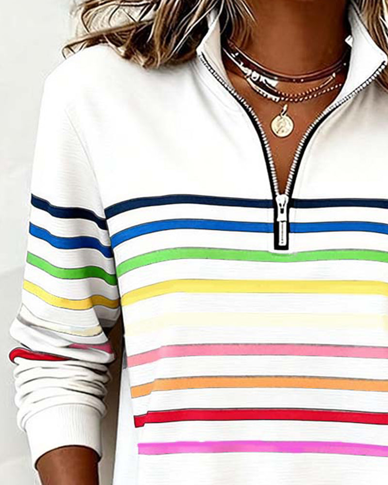 Lunna™ | Trendy Rainbow Stripe Half Zip Neck Sweatshirt