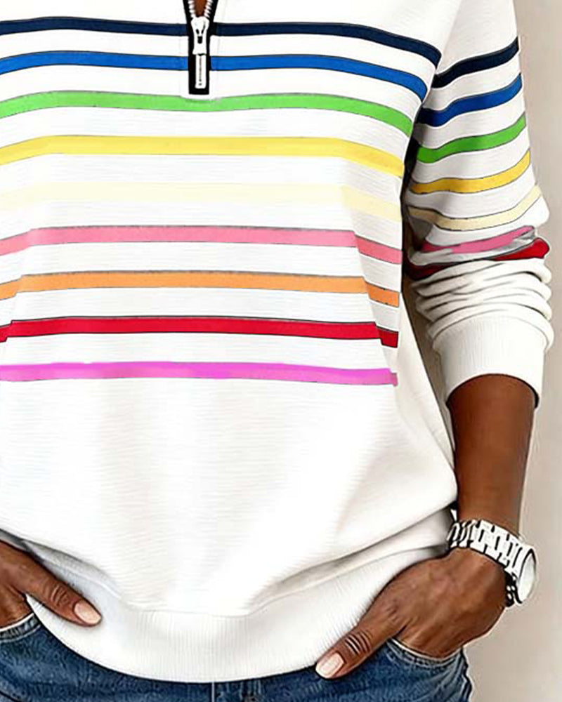 Lunna™ | Trendy Rainbow Stripe Half Zip Neck Sweatshirt