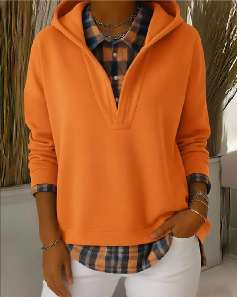 Daysie™ | Faux Two-Piece Checkered Patchwork Hoodie