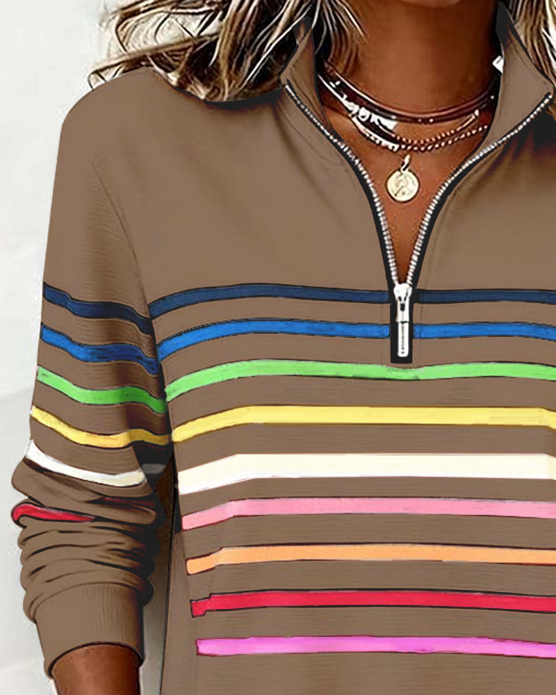 Lunna™ | Trendy Rainbow Stripe Half Zip Neck Sweatshirt