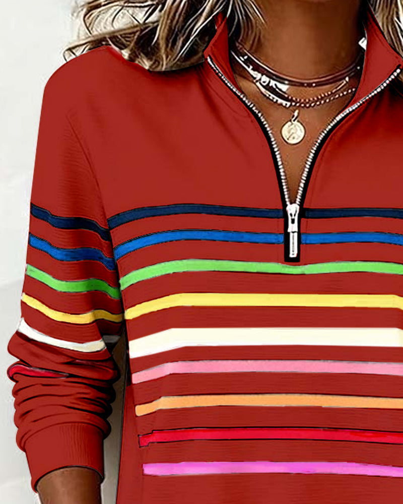 Lunna™ | Trendy Rainbow Stripe Half Zip Neck Sweatshirt