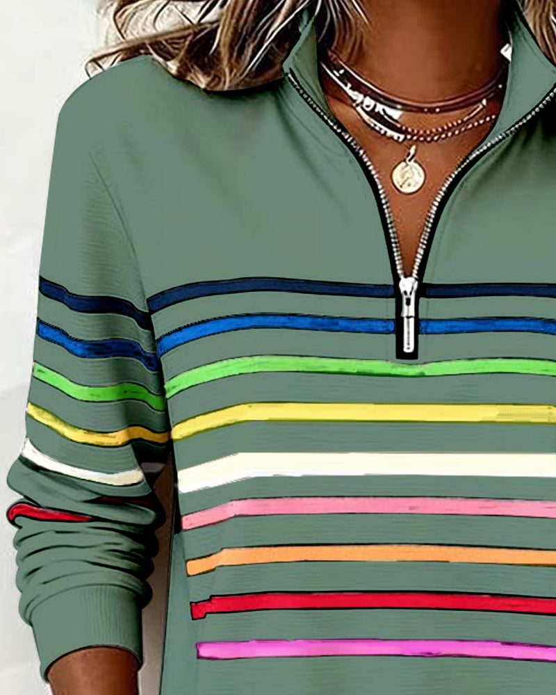 Lunna™ | Trendy Rainbow Stripe Half Zip Neck Sweatshirt