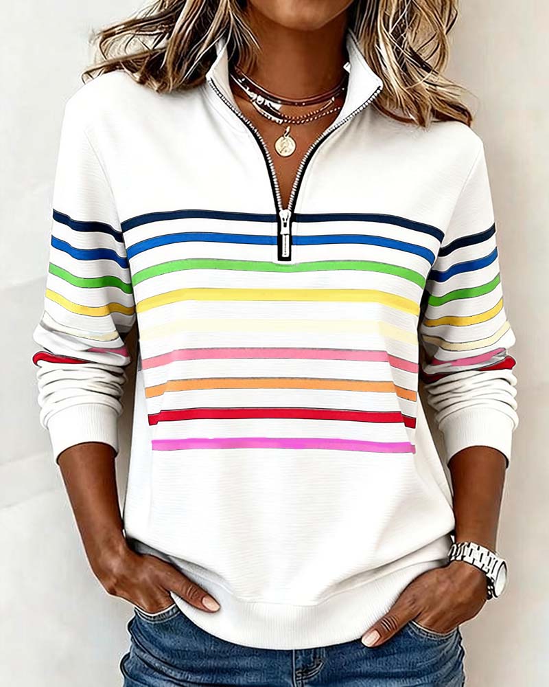 Lunna™ | Trendy Rainbow Stripe Half Zip Neck Sweatshirt