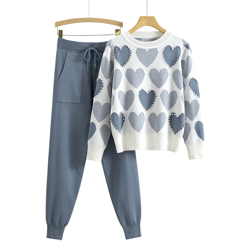 Women’s Heart Knit Lounge Set – Pearl Detail Sweater & Joggers