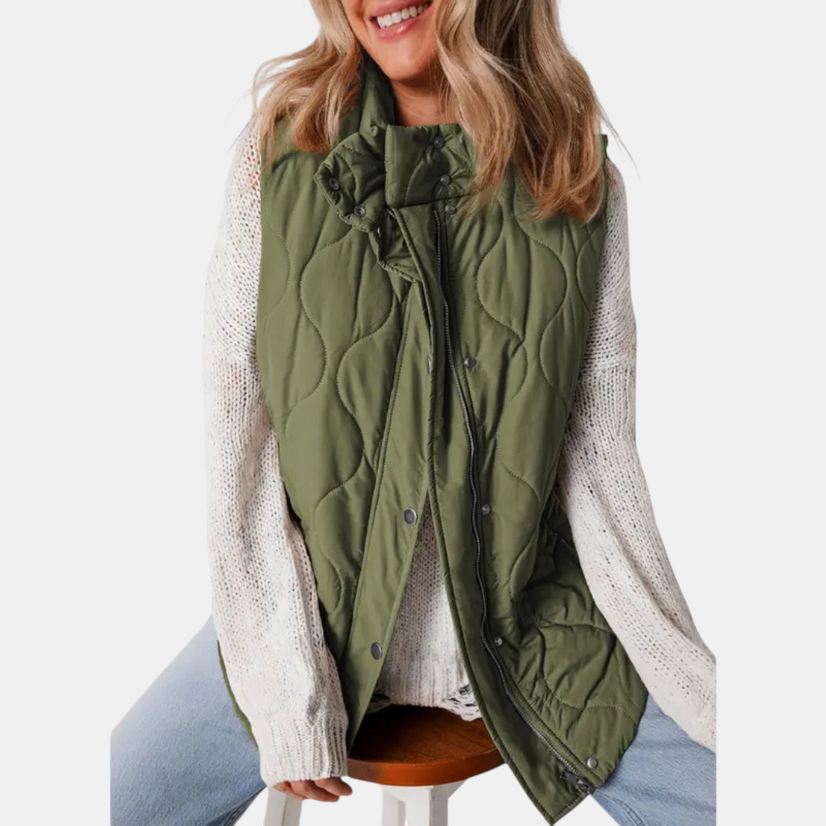 Susan | Women's Puffer Vest Quilted Zip Up Snap Button Sleeveless Coat