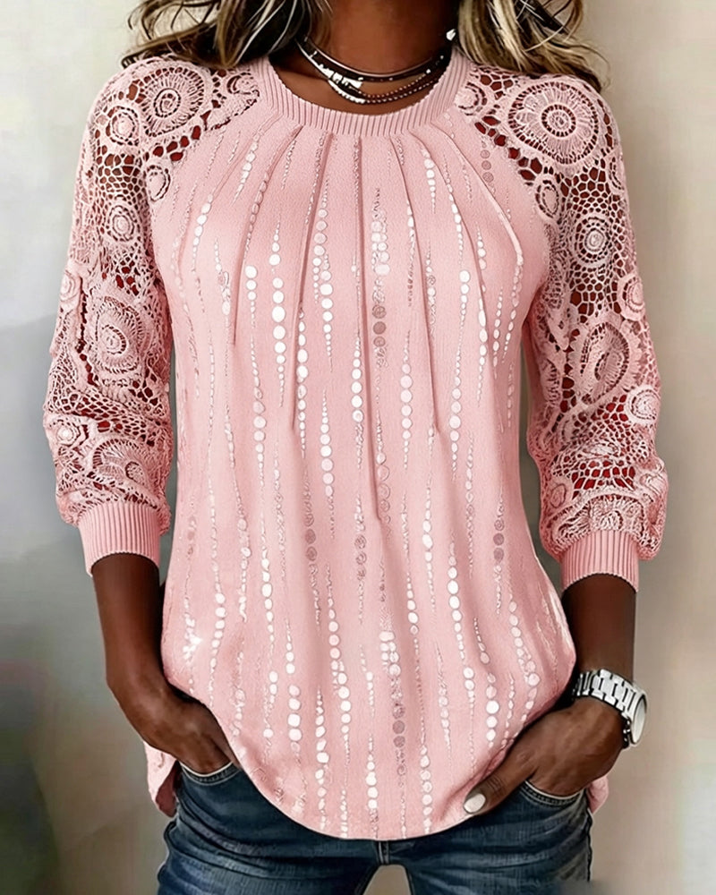 Morgen™ | Round Neck, High Neck, Gathered, Lace Polka Dot