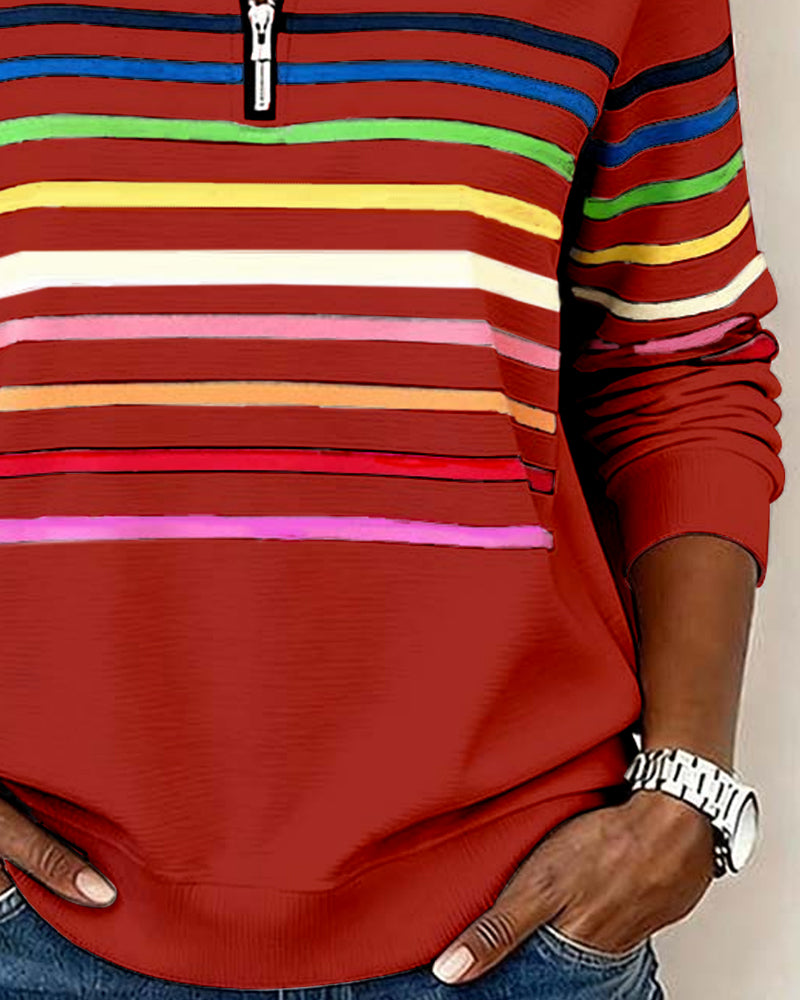 Lunna™ | Trendy Rainbow Stripe Half Zip Neck Sweatshirt