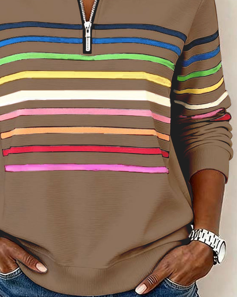 Lunna™ | Trendy Rainbow Stripe Half Zip Neck Sweatshirt