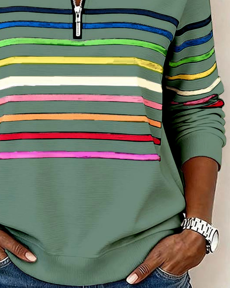 Lunna™ | Trendy Rainbow Stripe Half Zip Neck Sweatshirt