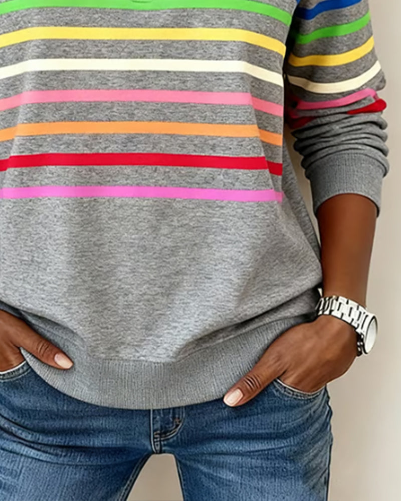 Lunna™ | Trendy Rainbow Stripe Half Zip Neck Sweatshirt