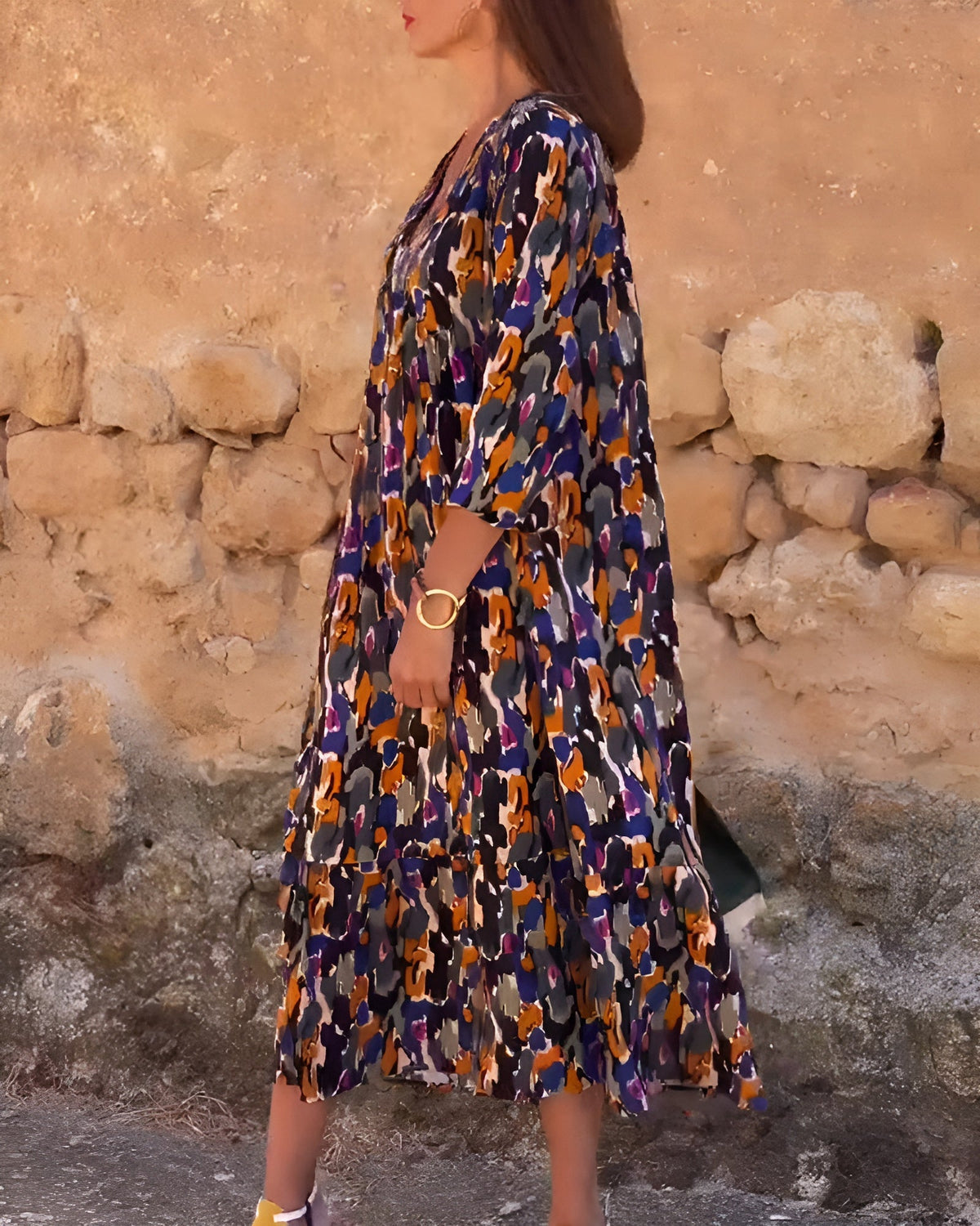Nathalie | Robe à col en V imprimé rétro