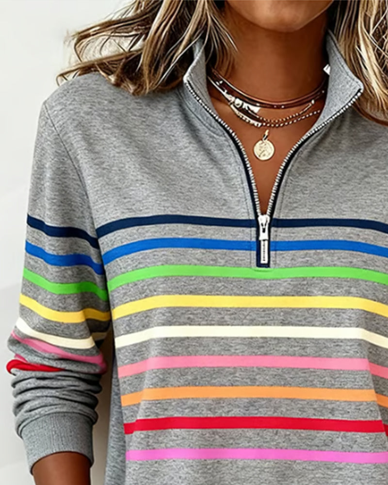 Lunna™ | Trendy Rainbow Stripe Half Zip Neck Sweatshirt