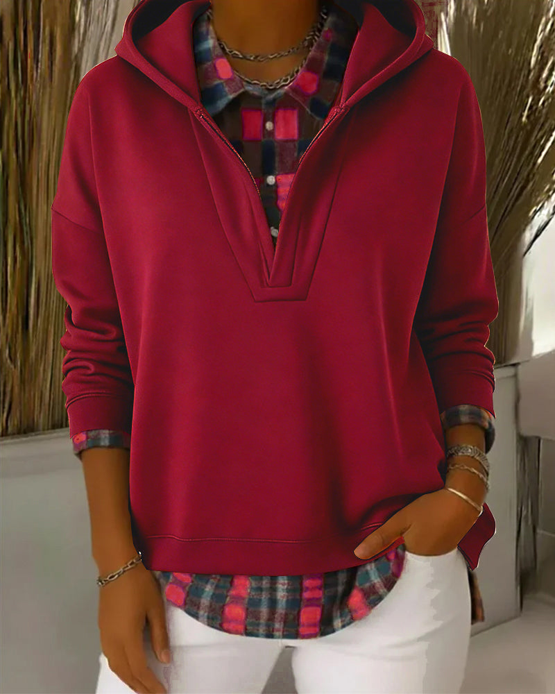Daysie™ | Faux Two-Piece Checkered Patchwork Hoodie