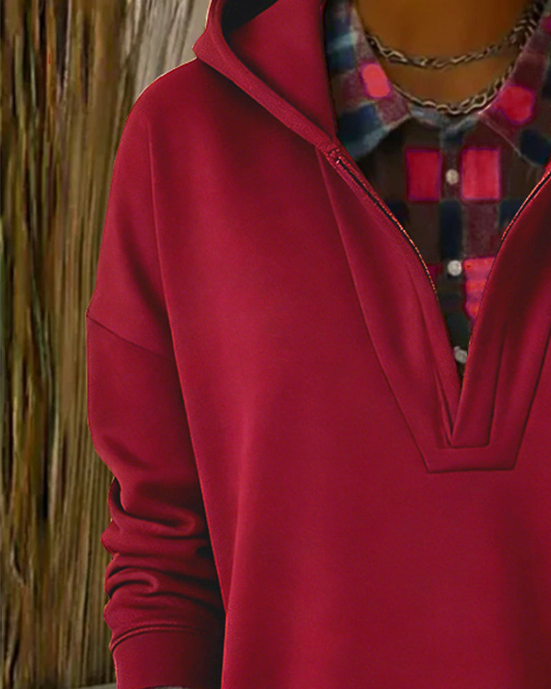 Daysie™ | Faux Two-Piece Checkered Patchwork Hoodie
