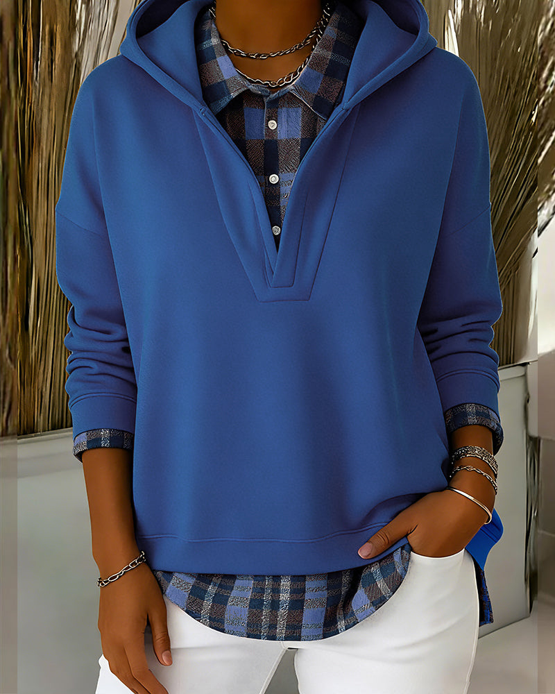 Daysie™ | Faux Two-Piece Checkered Patchwork Hoodie
