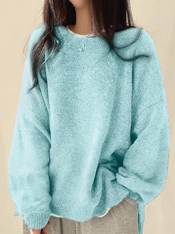 Harriet - Women's Drop Shoulder Split Hem Round Neck Sweater