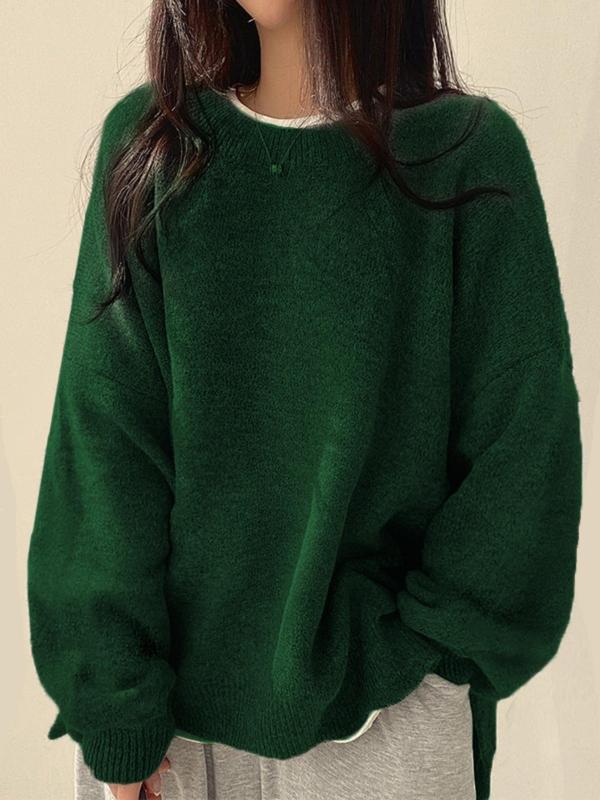 Harriet - Women's Drop Shoulder Split Hem Round Neck Sweater