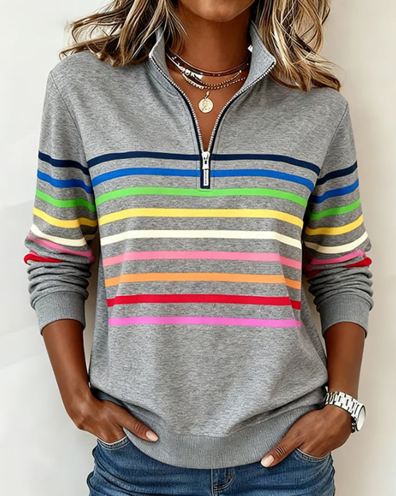 Lunna™ | Trendy Rainbow Stripe Half Zip Neck Sweatshirt