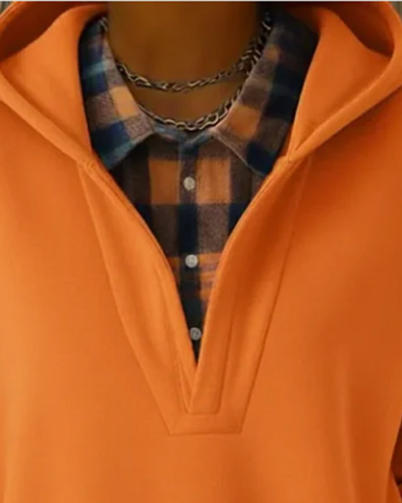 Daysie™ | Faux Two-Piece Checkered Patchwork Hoodie