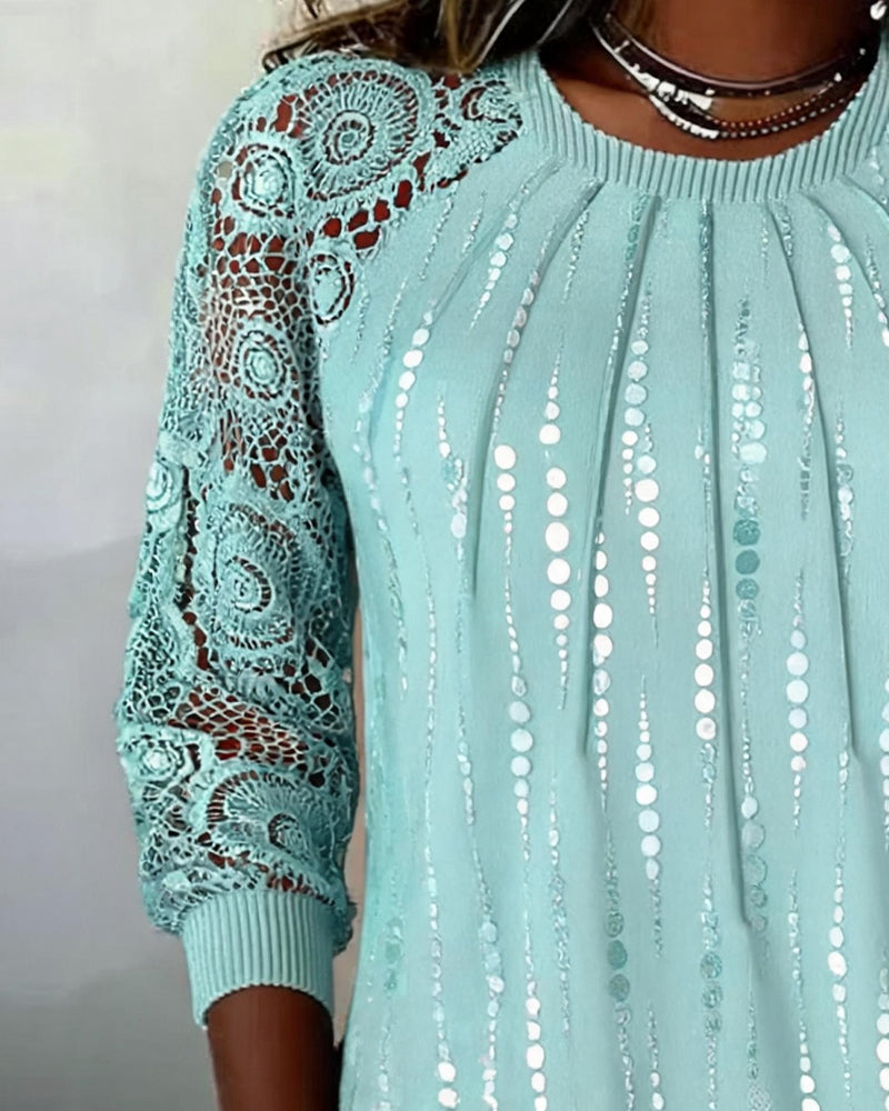 Morgen™ | Round Neck, High Neck, Gathered, Lace Polka Dot