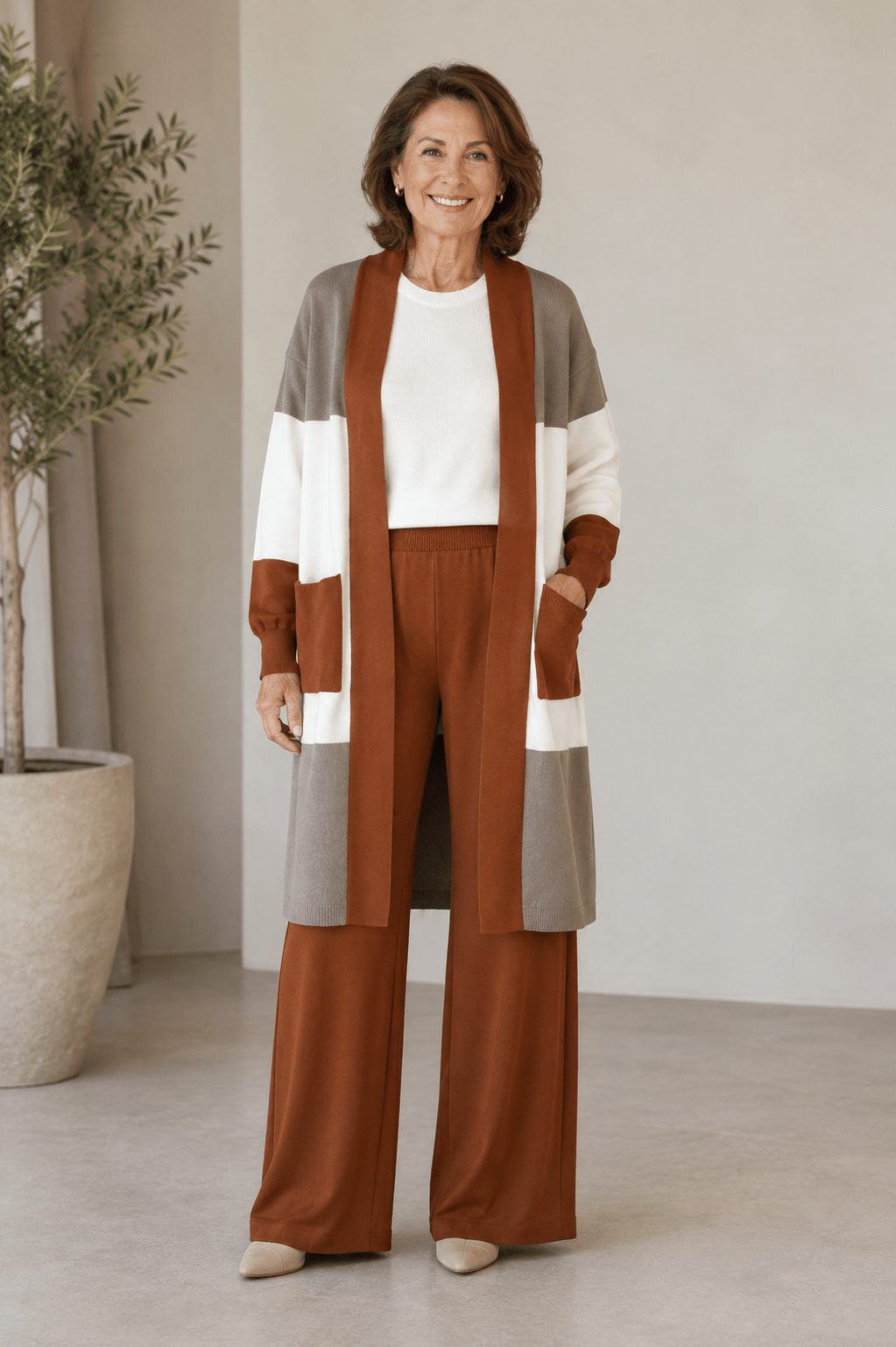 Albane | Ensemble 3 pièces en maille top, pantalon large et cardigan long