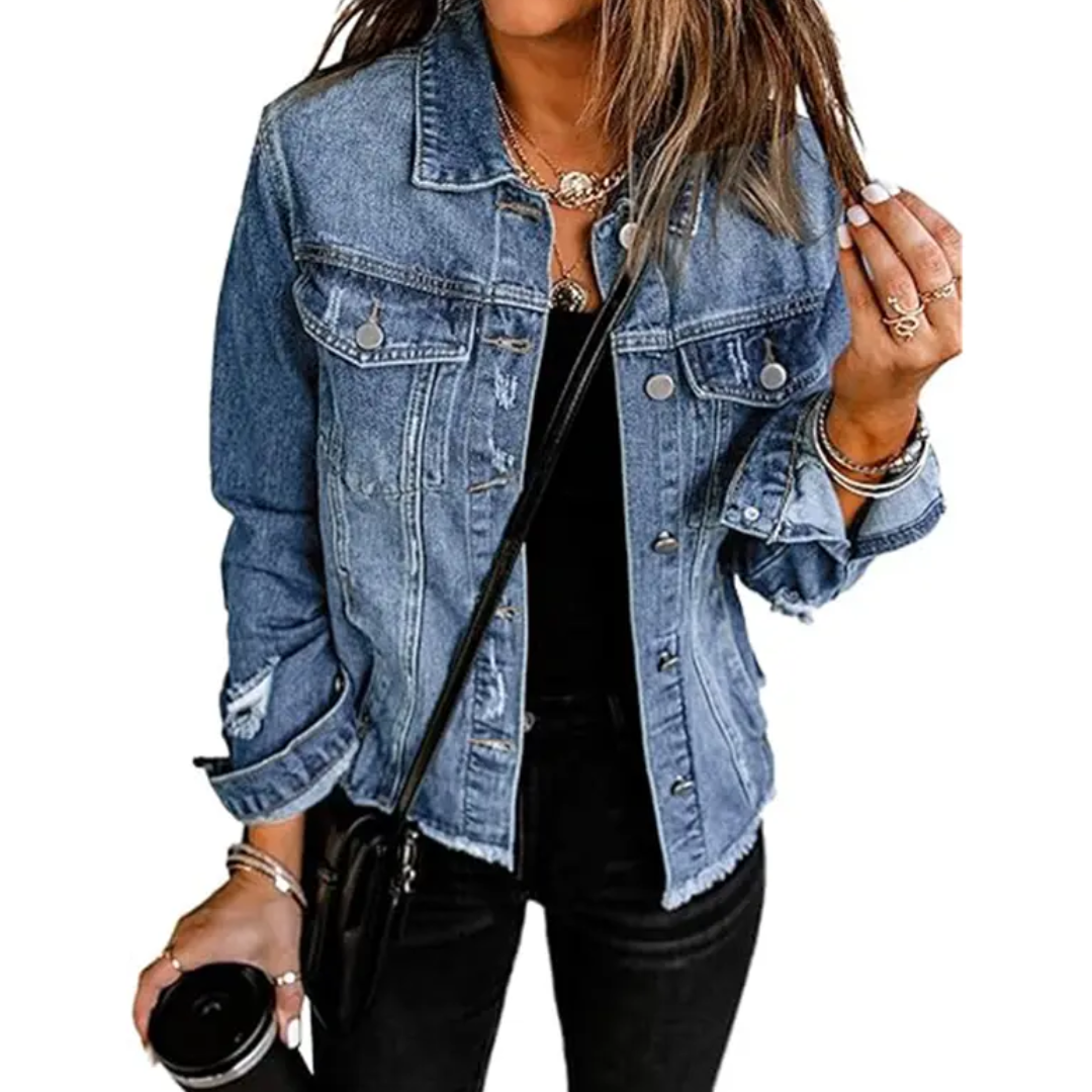 Candice | Jeans Jacket, Distressed Raw Hem Relaxed Fit