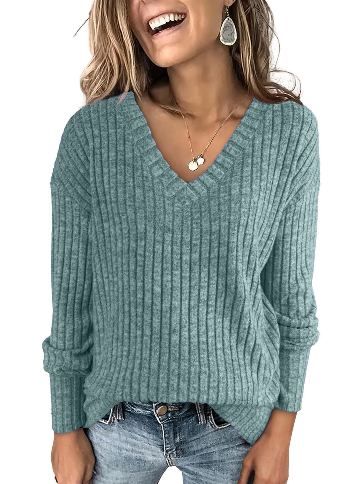 Eva - Women V Neck Oversized Lightweight Knit Sweater