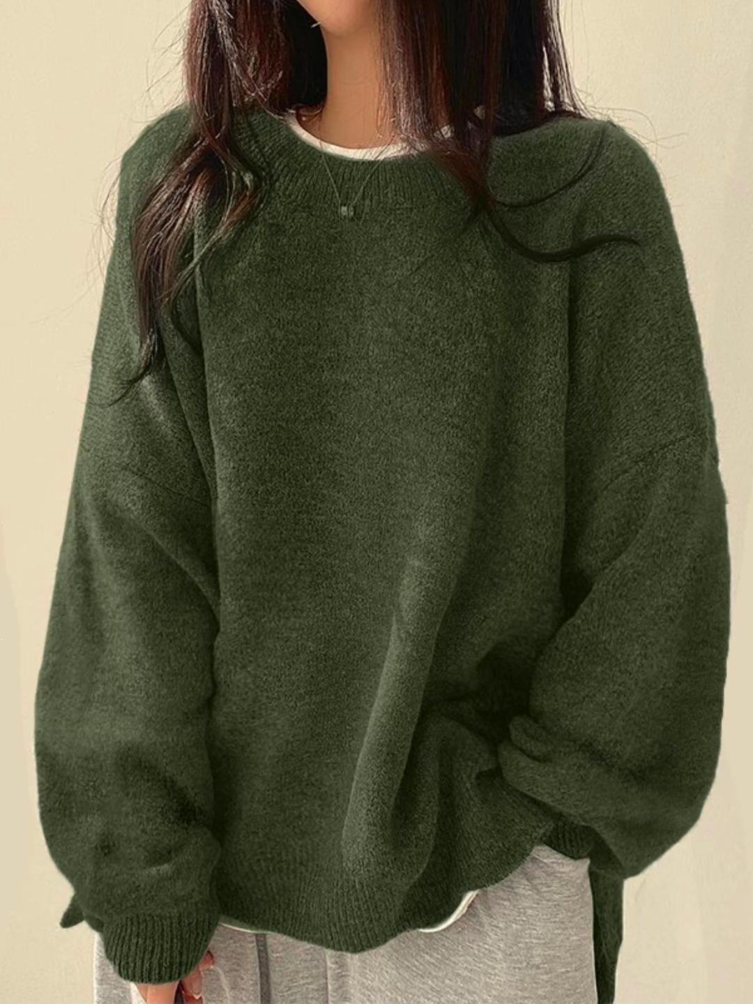 Harriet - Women's Drop Shoulder Split Hem Round Neck Sweater