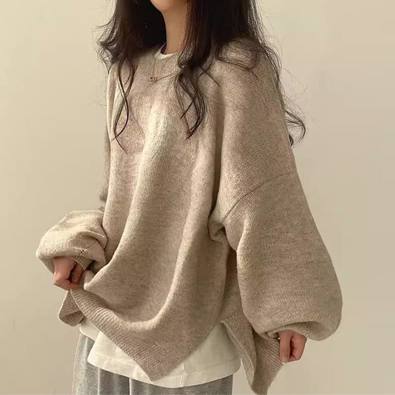 Harriet - Women's Drop Shoulder Split Hem Round Neck Sweater