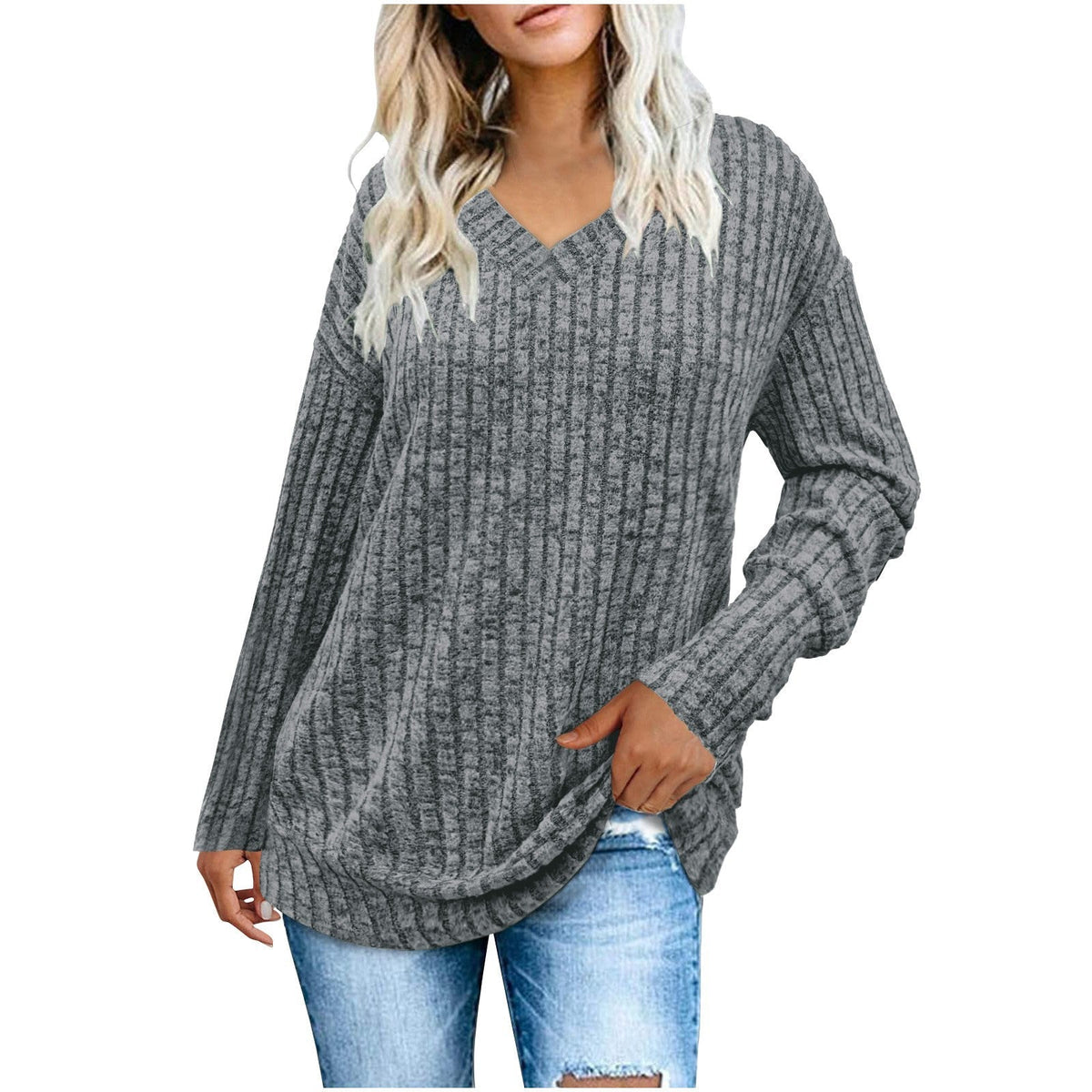 Eva - Women V Neck Oversized Lightweight Knit Sweater