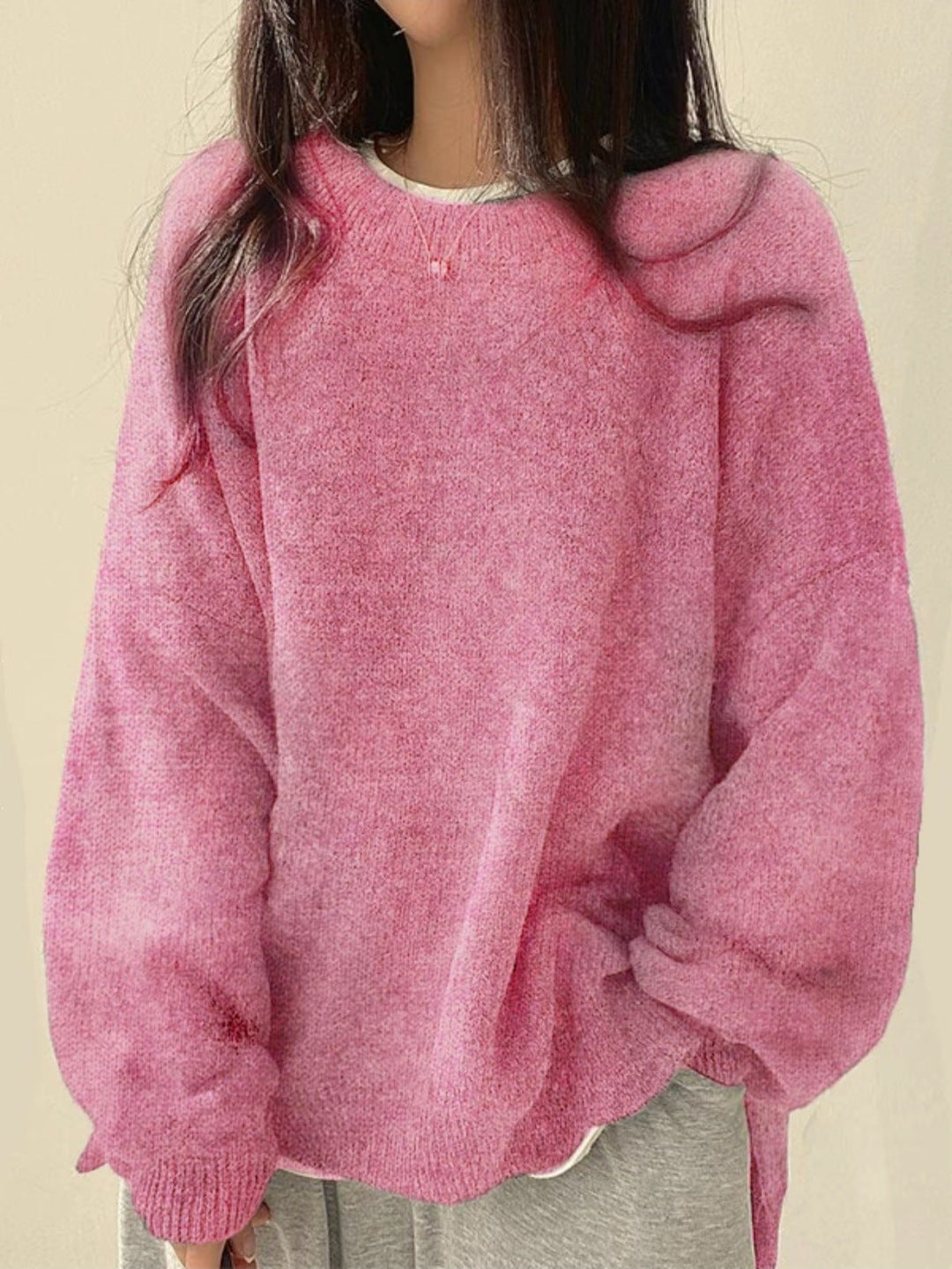 Harriet - Women's Drop Shoulder Split Hem Round Neck Sweater