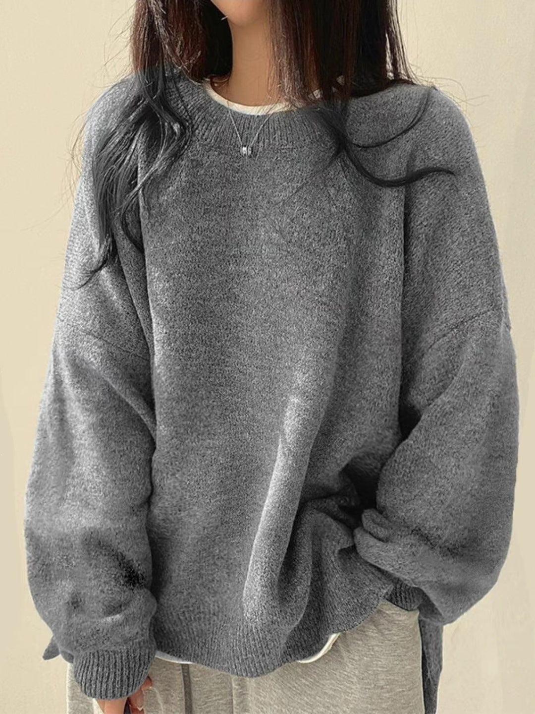 Harriet - Women's Drop Shoulder Split Hem Round Neck Sweater