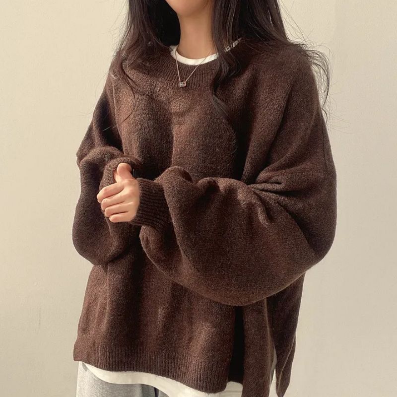 Harriet - Women's Drop Shoulder Split Hem Round Neck Sweater