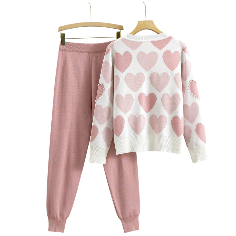 Women’s Heart Knit Lounge Set – Pearl Detail Sweater & Joggers
