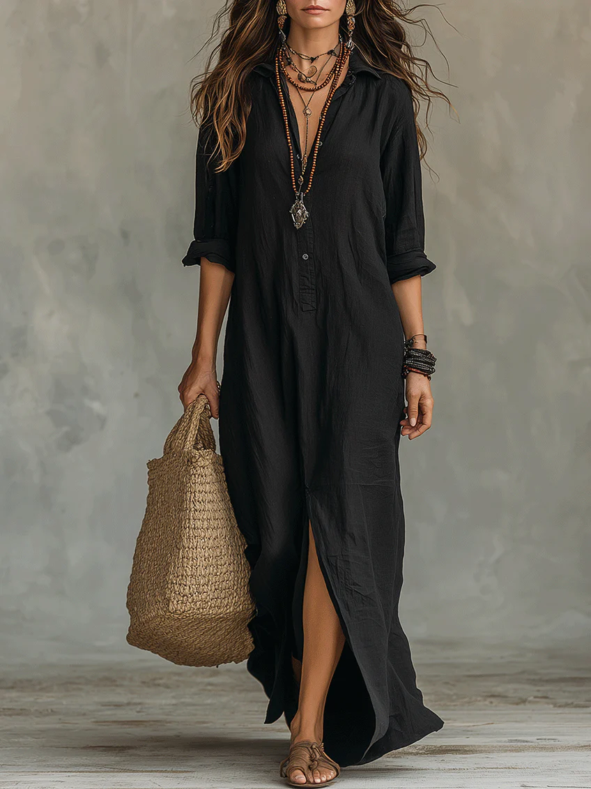 Céleste | Robe maxi décontractée col en V à boutons