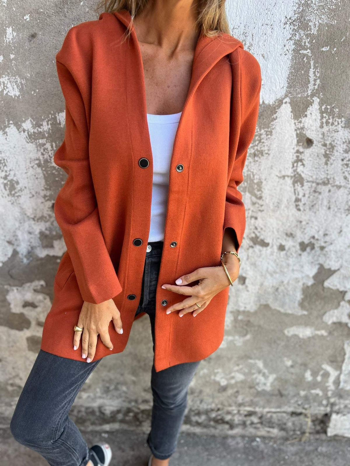 Clothilde | Long cardigan à capuche boutonné