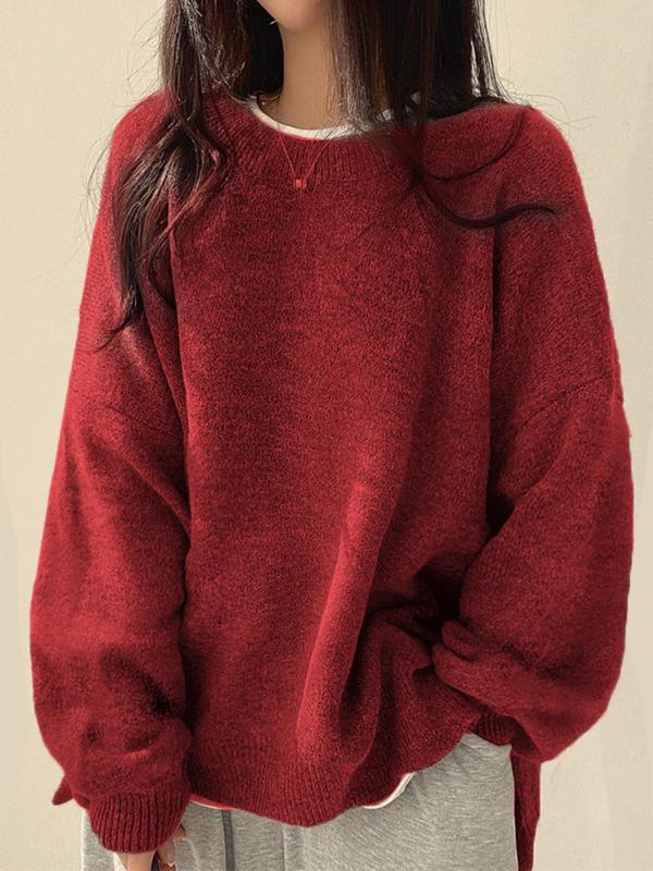 Harriet - Women's Drop Shoulder Split Hem Round Neck Sweater