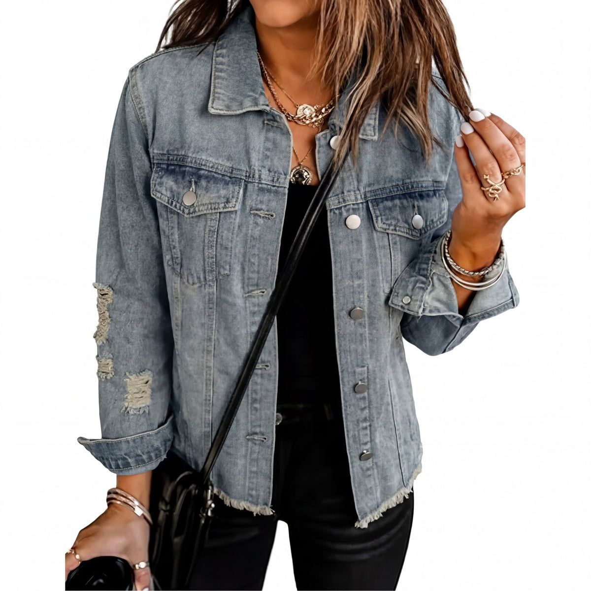 Candice | Jeans Jacket, Distressed Raw Hem Relaxed Fit