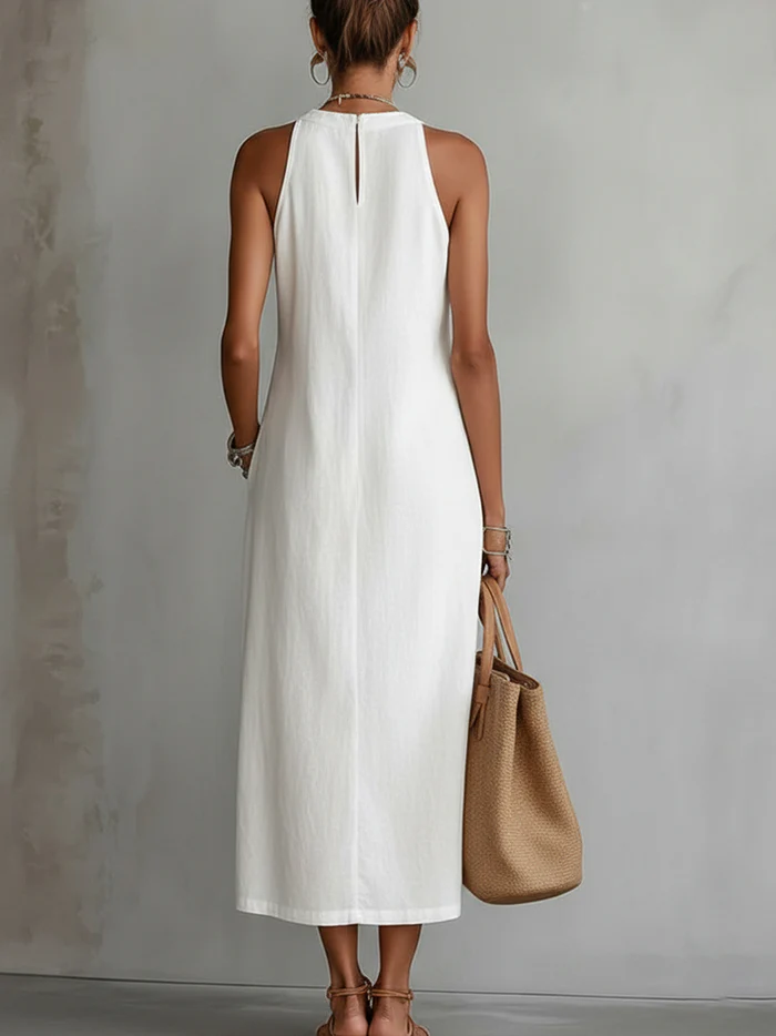 Claire | Robe midi en lin à col mao