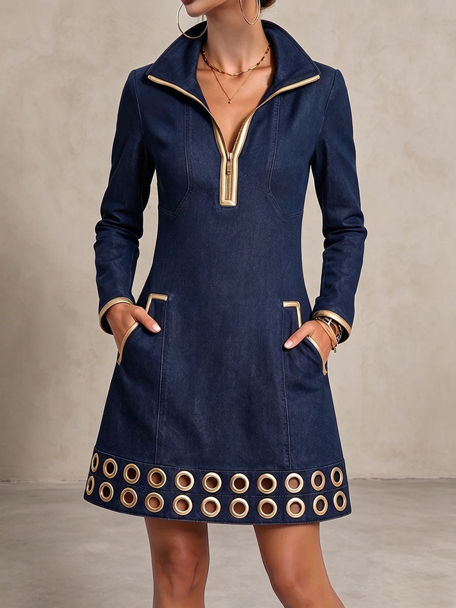 Hannah™ | Women's Long-sleeved Casual Loose Denim Dress With Gold Trim And Metallic Eyelets