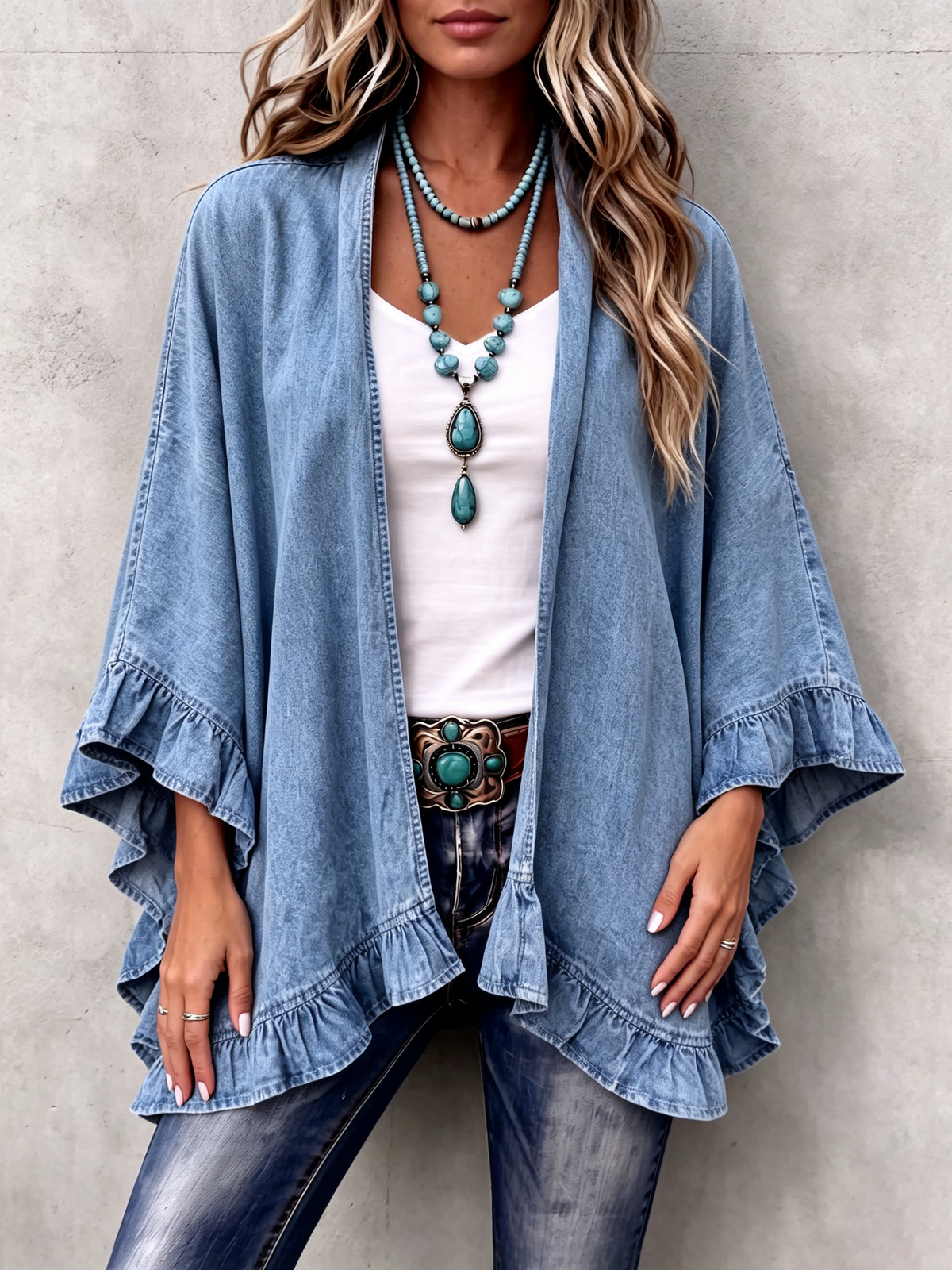 Naomi™ | Chic Boho Denim Ruffle Trim Cardigan