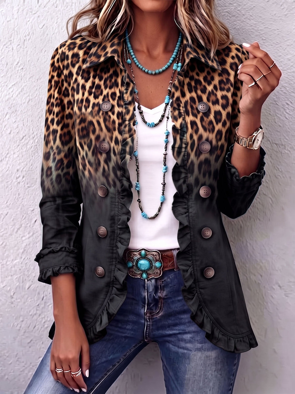 Chloe™ | Bold Boho Leopard & Teal Ruffle Blazer Jacket