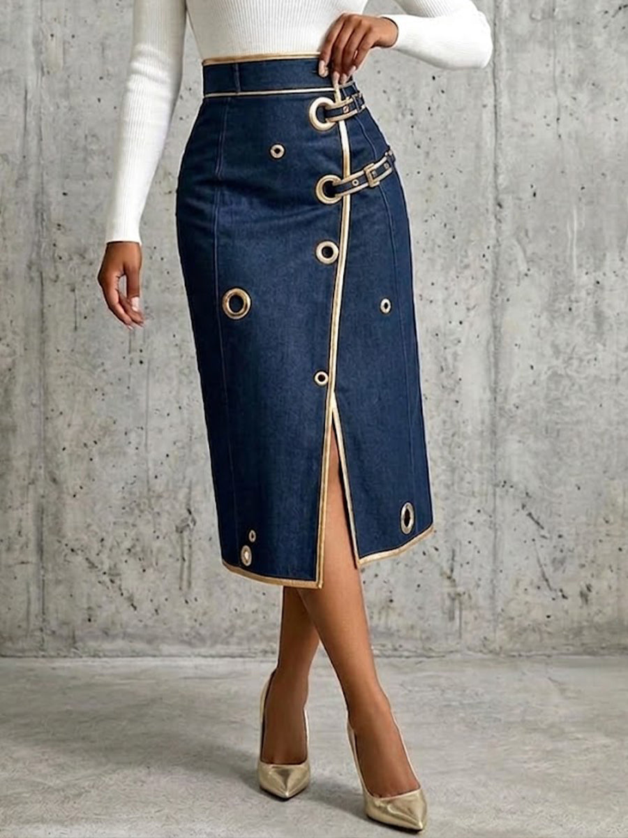 Penelope™ | Chic And Refined Denim Midi Skirt With Gold Piping.