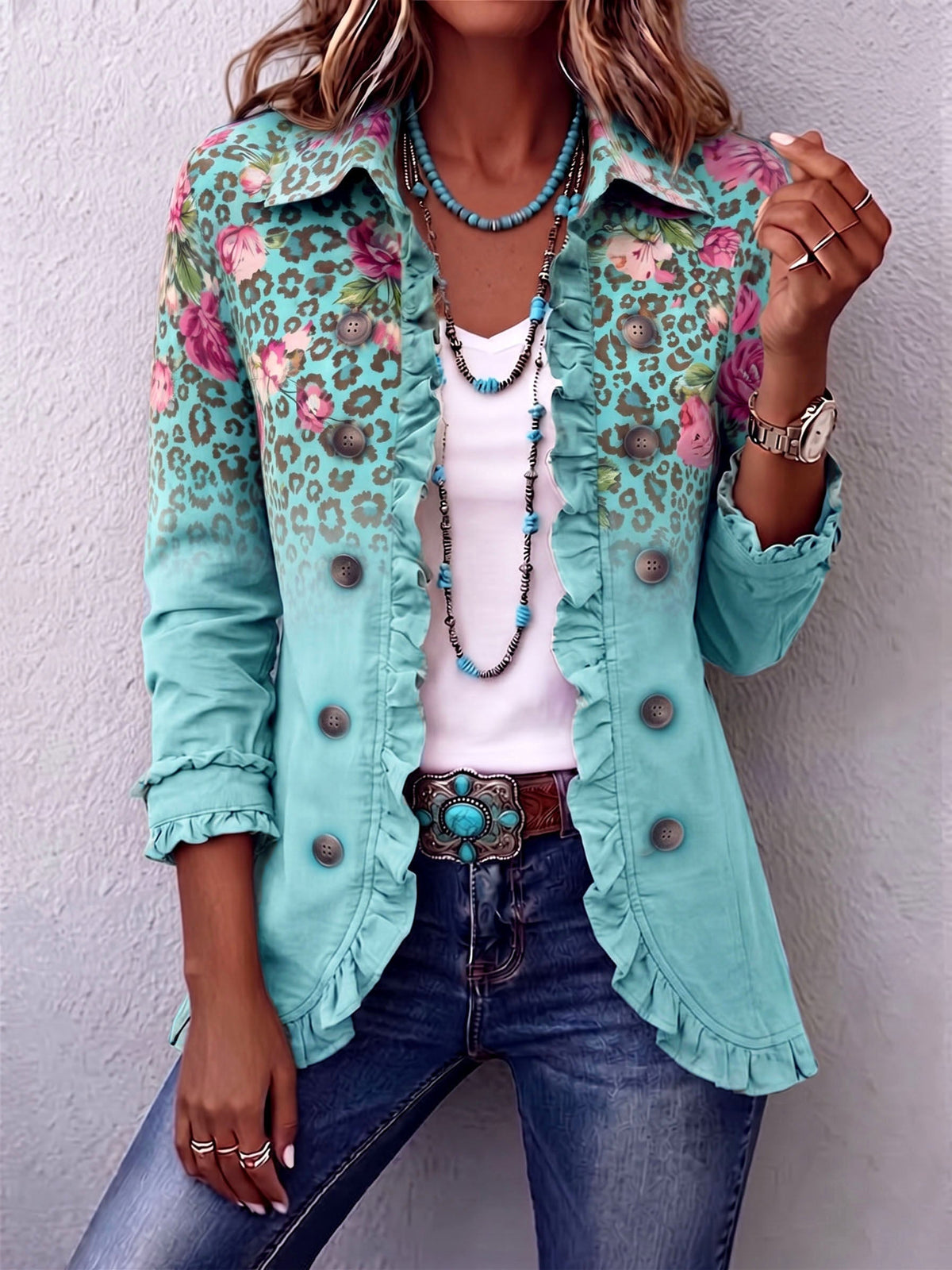 Audrey™ | Boho Retro Floral Leopard Ruffle Jacket