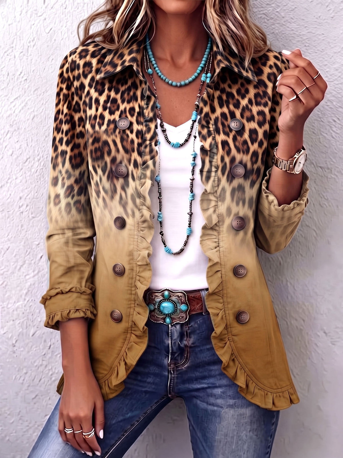 Chloe™ | Bold Boho Leopard & Teal Ruffle Blazer Jacket